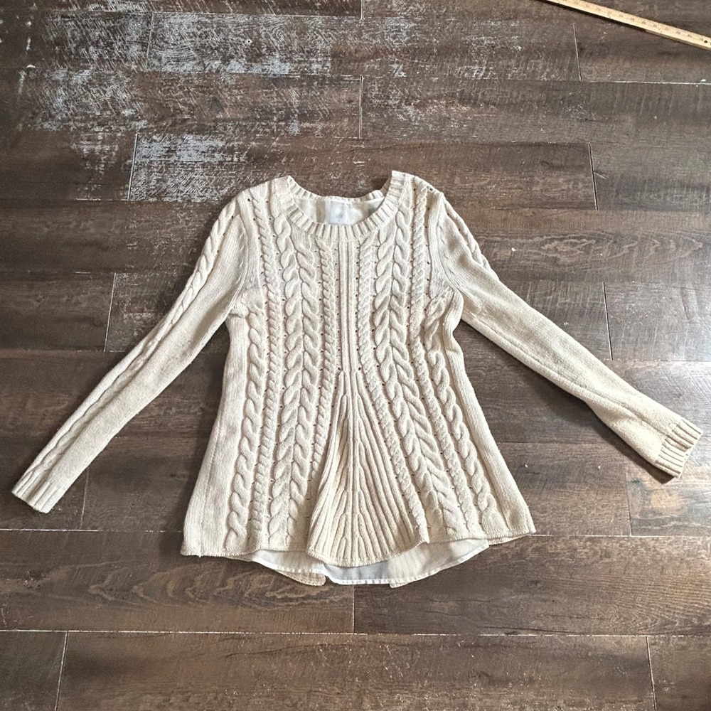 CAbi 3157 Women Cream Cable Knit Lace Up Back Layered Sweater Medium